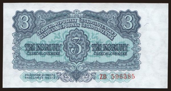 Czechoslovakia and successor states, Paper money from 1953 to 1989: 3 koruny, 1953