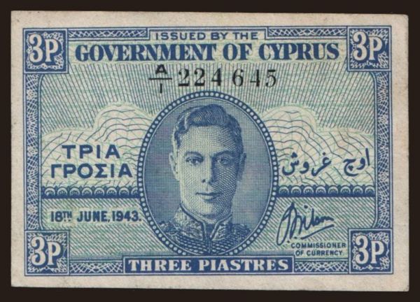 Európa, Cyprus: 3 piastres, 1943