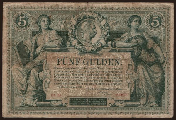 Austria and Austro-Hungary, Gulden (1880-88): 5 Gulden, 1881