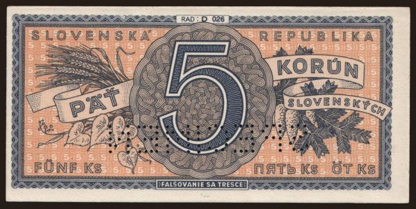 Czechoslovakia and successor states, Slovak State (1939-45): 5 Ks, 1945