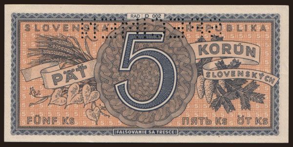 Česko-Slovensko a nástupní­cke štáty, Slovenský Štát (1939-45): 5 Ks, 1945