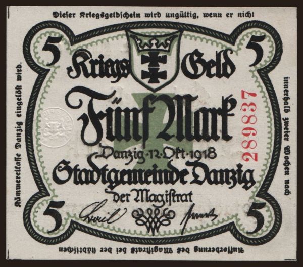 Europe, Danzig: 5 Mark, 1918