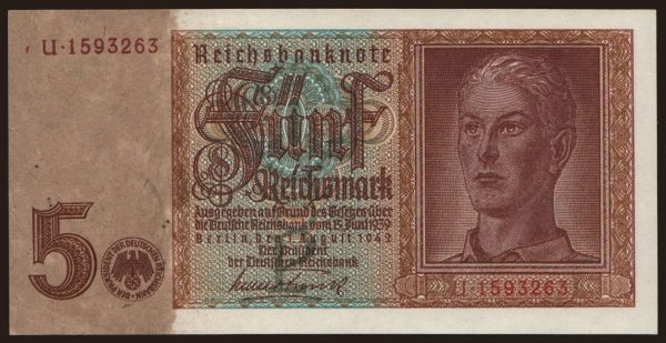 Europe, Luxembourg: 5 Reichsmark, 1942(44), Luxembourg