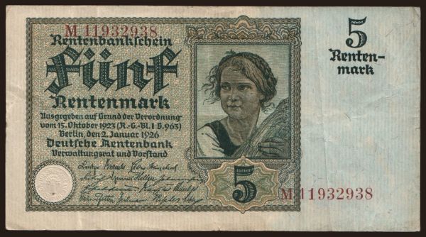 Németország, Rentenbank (1923-1937): 5 Rentenmark, 1926