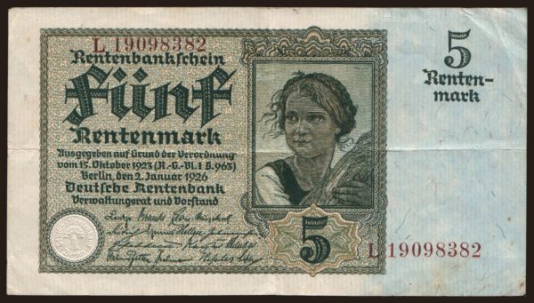 Germany, Rentenbank (1923-1937): 5 Rentenmark, 1926