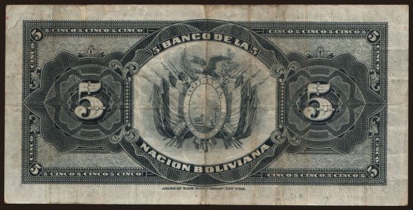 America, Bolivia: 5 bolivianos, 1911(1929)