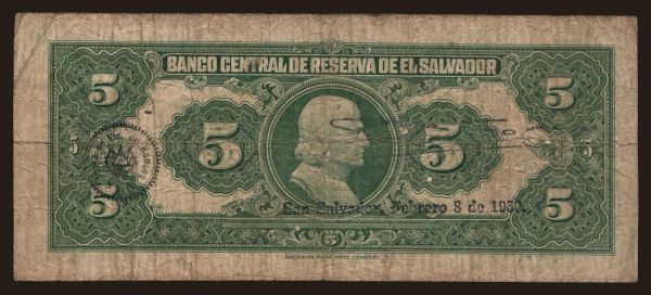 America, Salvador: 5 colones, 1950