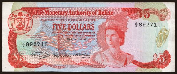 Amerika, Belize: 5 dollars, 1980