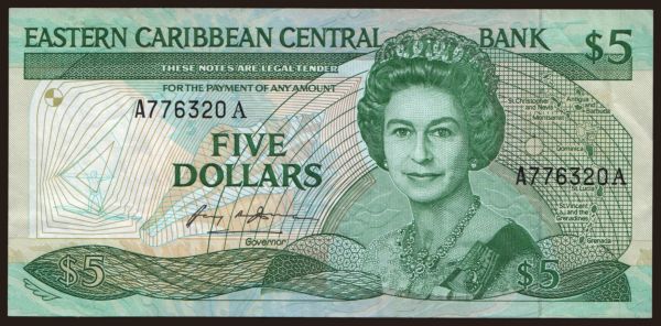 America, East Caribbean States: 5 dollars, 1985