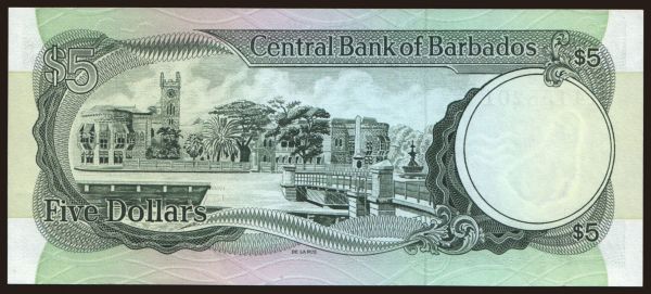 America, Barbados: 5 dollars, 1986