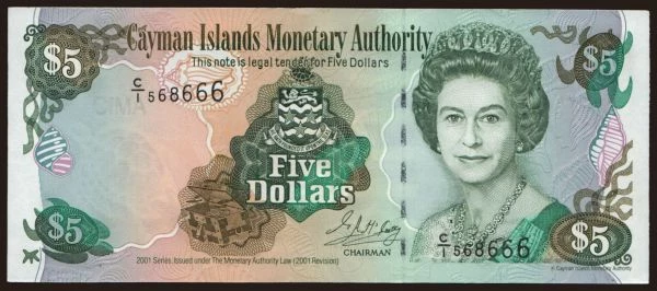 America, Cayman Islands: 5 dollars, 2001