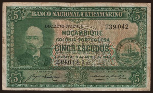 Afrika, Mozambik: 5 escudos, 1943