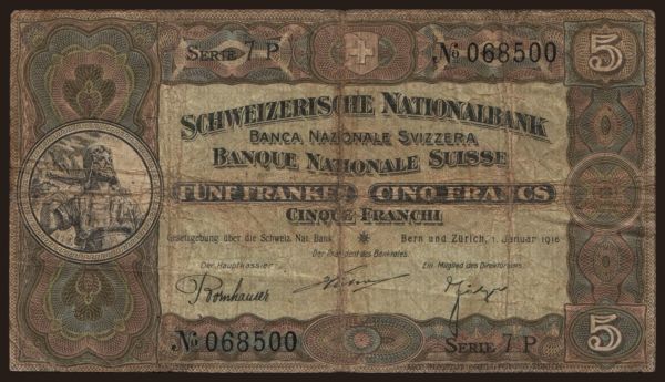 Europe, Switzerland: 5 francs, 1916