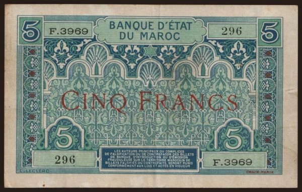 Afrika, Marokkó: 5 francs, 1924