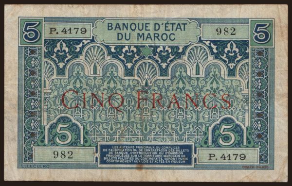 Afrika, Maroko: 5 francs, 1924