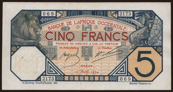 Afrika, Francúzska Západná Afrika: 5 francs, 1924