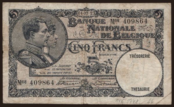 Europe, Belgium, Belgium - State issues: 5 francs, 1927