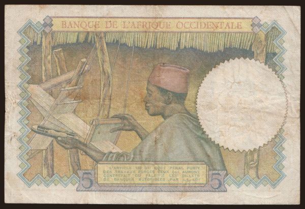 Africa, French West Africa: 5 francs, 1936