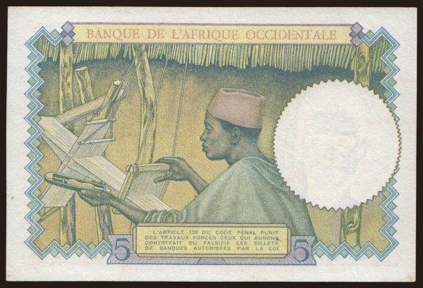 Afrika, Francia Nyugat-Afrika: 5 francs, 1937