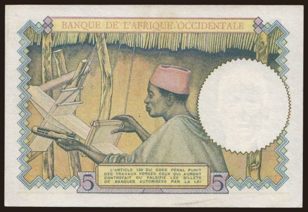 Africa, French West Africa: 5 francs, 1939