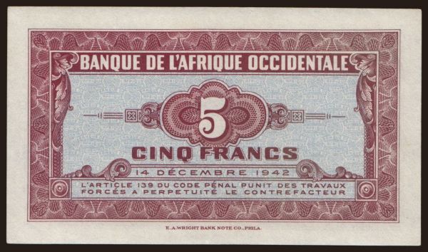 Africa, French West Africa: 5 francs, 1942