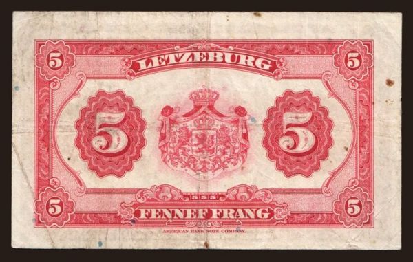 Europe, Luxembourg: 5 francs, 1943