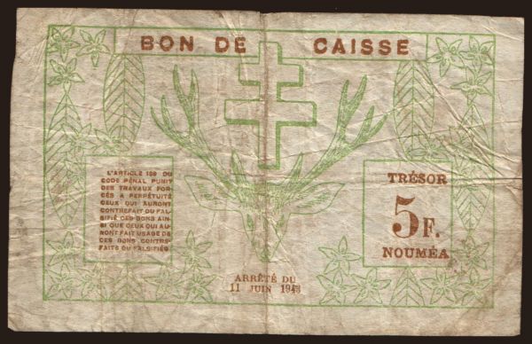 Australia and Oceania, New Caledonia: 5 francs, 1943