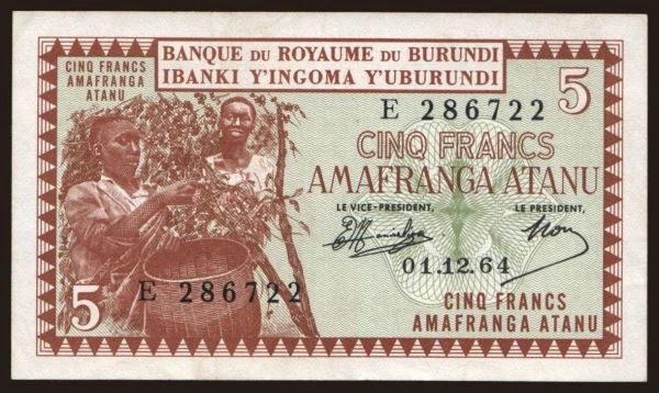 Afrika, Burundi: 5 francs, 1964