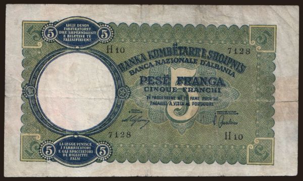 Európa, Albánia: 5 franga, 1939