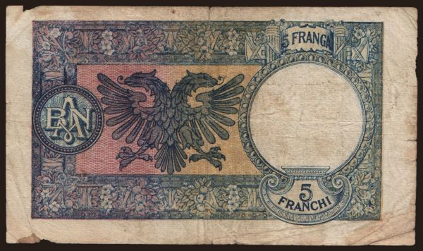 Europe, Albania: 5 franga, 1939