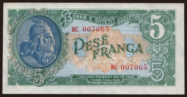 Európa, Albánsko: 5 franga, 1945