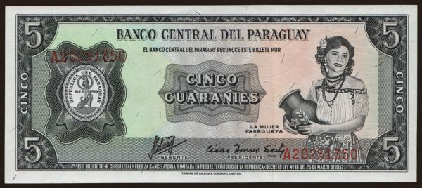 Amerika, Paraguay: 5 guaranies, 1952