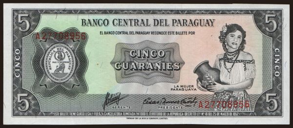 Amerika, Paraguay: 5 guaranies, 1952