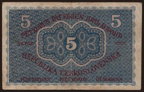 Česko-Slovensko a nástupní­cke štáty, Prvá Republika, 1919-38: 5 korun, 1919