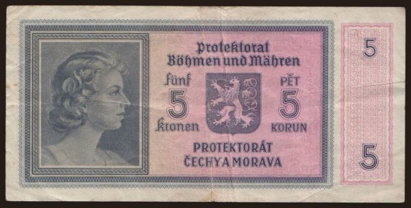 Czechoslovakia and successor states, Bohemia and Morava: 5 korun, 1940