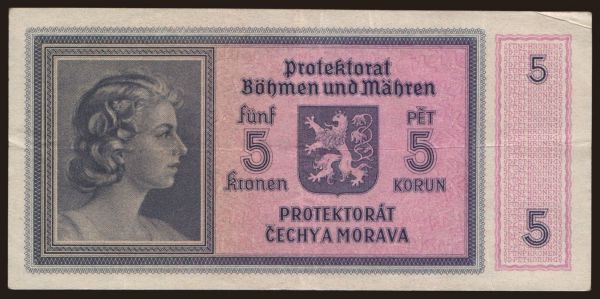 Czechoslovakia and successor states, Bohemia and Morava: 5 korun, 1940