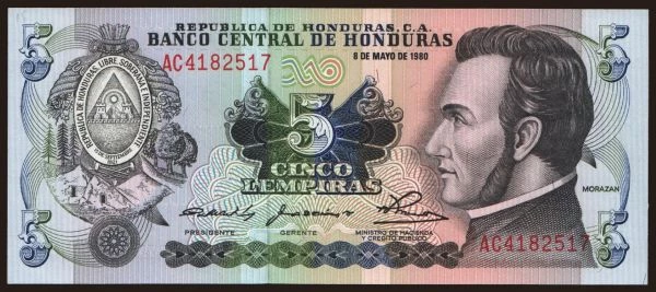 Amerika, Honduras: 5 lempiras, 1980