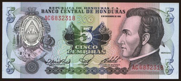 America, Honduras: 5 lempiras, 1985