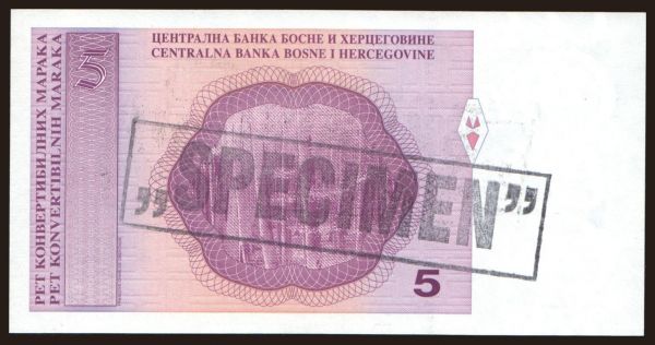 Európa, Bosnia-Hercegovina: 5 maraka, 1998, SPECIMEN