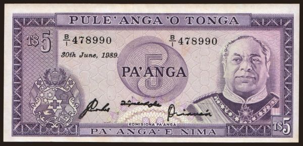 Australia and Oceania, Tonga: 5 pa anga, 1989