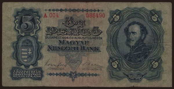 Hungary, Pengő, 1926-1944: 5 pengő, 1928