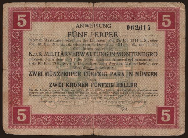 Európa, Montenegro: 5 perper, 1917