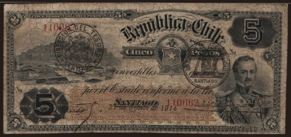 America, Chile: 5 pesos, 1914