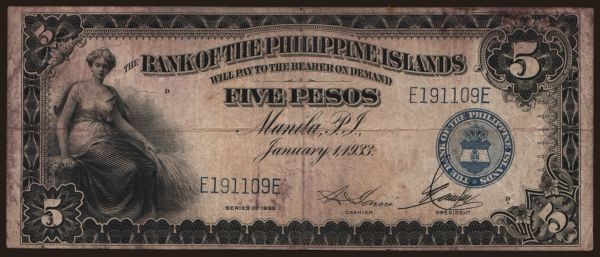 Asia, Philippines, Philippines - General issues: 5 pesos, 1933