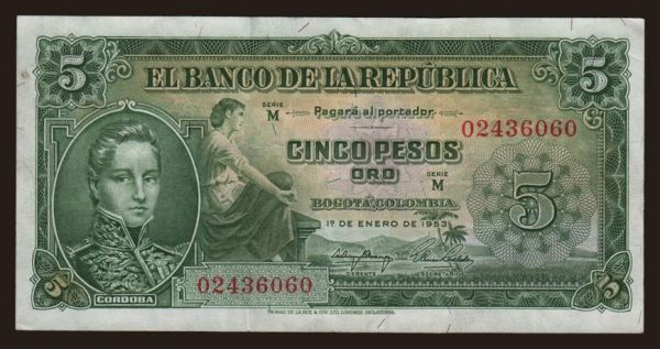 Amerika, Kolumbia: 5 pesos, 1953