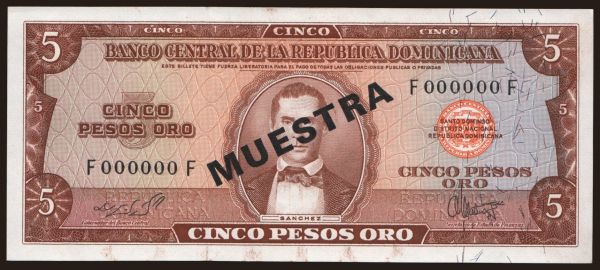 America, Dominican Republic: 5 pesos, 1964, MUESTRA