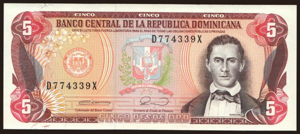 Amerika, Dominikánska republika: 5 pesos, 1990