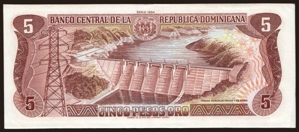 Amerika, Dominikai köztársaság: 5 pesos, 1994