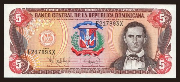 Amerika, Dominikánska republika: 5 pesos, 1996