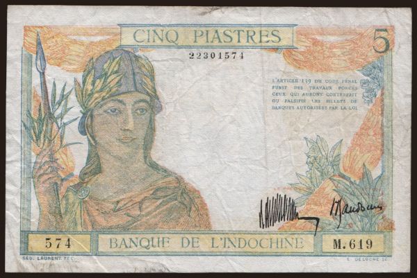 Asia, French Indochina: 5 piastres, 1932, falsum